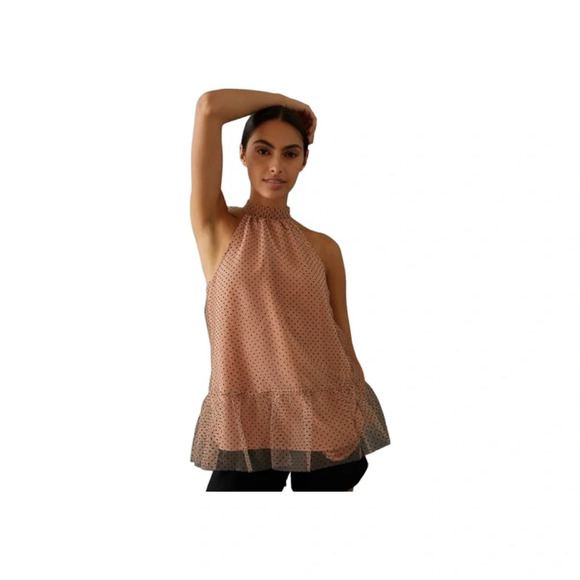 Maeve by Anthropologie Flocked Tulle polka dot nude and black Halter Top Small - Picture 1 of 6